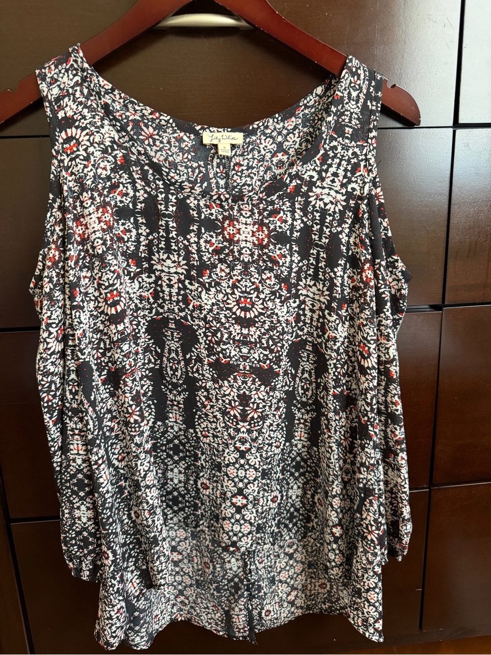 Lily White Black Floral Cold-Shoulder top with Red & White Print